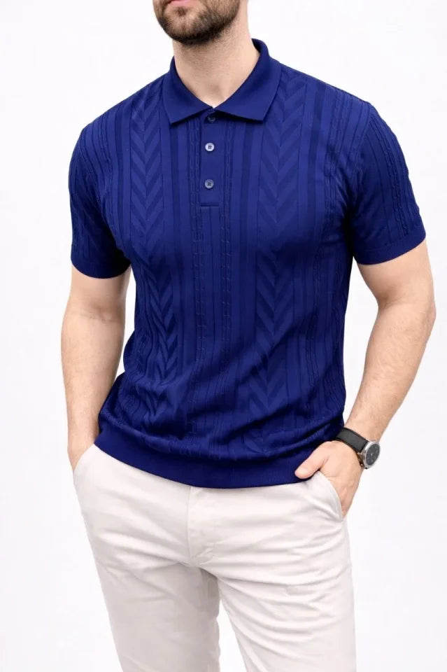Erkek Yazlık Triko Tişört Kısa Kol Polo Yaka Düğmeli T-Shirt - Lacivert