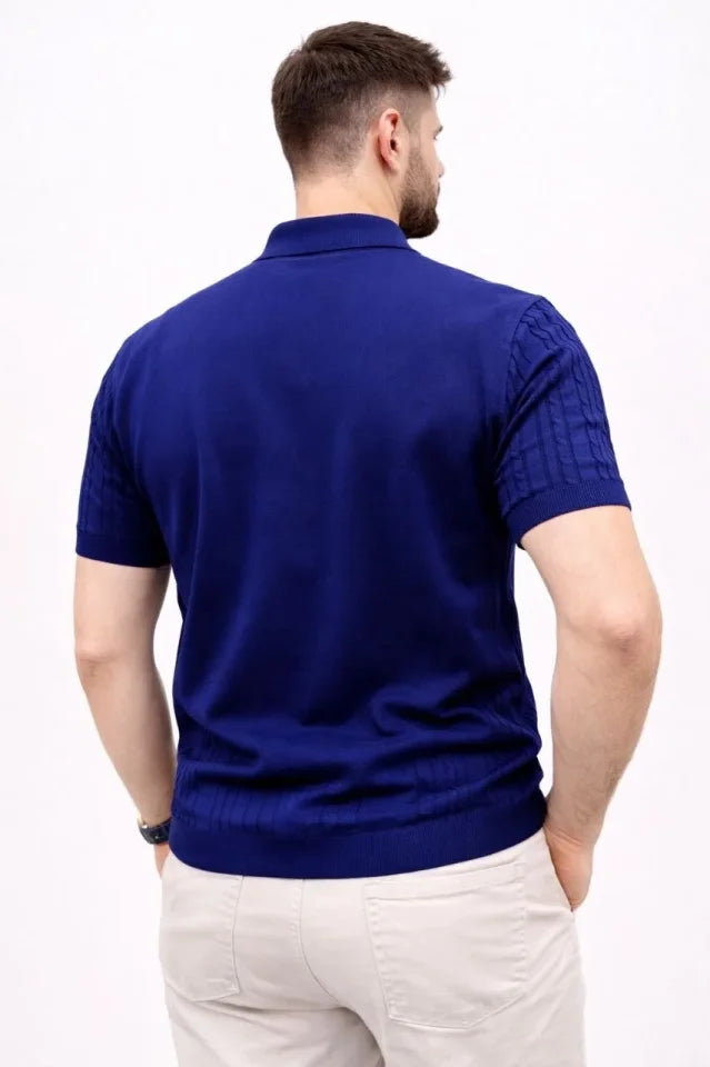Men's Summer Knit T-Shirt Short Sleeve Polo Collar Buttoned T-Shirt - Navy