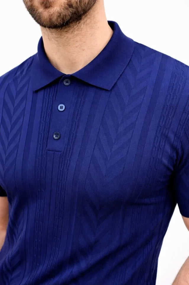 Men's Summer Knit T-Shirt Short Sleeve Polo Collar Buttoned T-Shirt - Navy