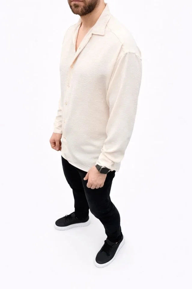 Men's Aerobin Fabric Oversize Four Seasons Long Sleeve Relaxed Fit Shirt - Beige