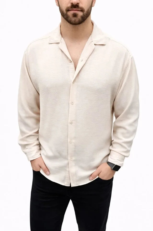 Men's Aerobin Fabric Oversize Four Seasons Long Sleeve Relaxed Fit Shirt - Beige