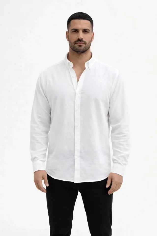 Men's Linen Fabric Oversize Long Sleeve Relaxed Fit Shirt - White