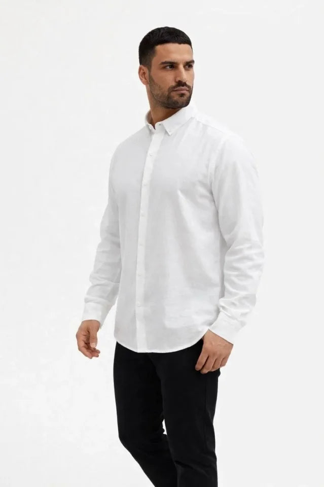 Men's Linen Fabric Oversize Long Sleeve Relaxed Fit Shirt - White