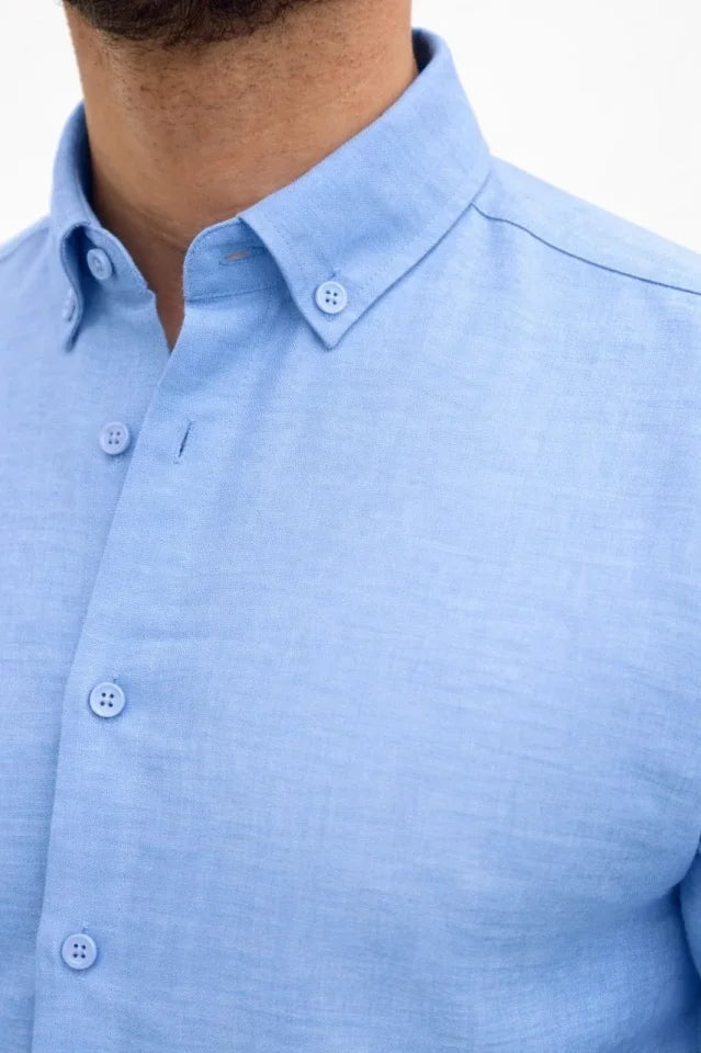 Men's Linen Fabric Oversize Long Sleeve Relaxed Fit Shirt - Light Blue