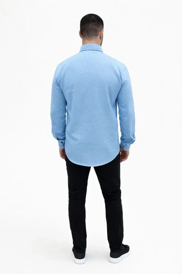Men's Linen Fabric Oversize Long Sleeve Relaxed Fit Shirt - Light Blue