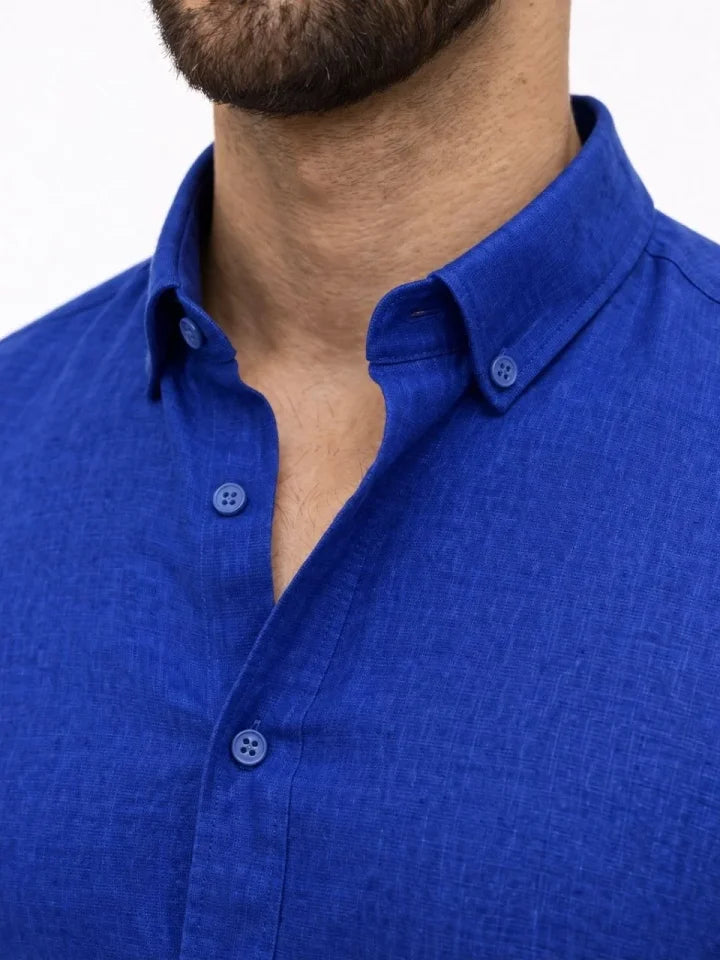 Men's Linen Fabric Oversize Long Sleeve Relaxed Fit Shirt - Saks Blue