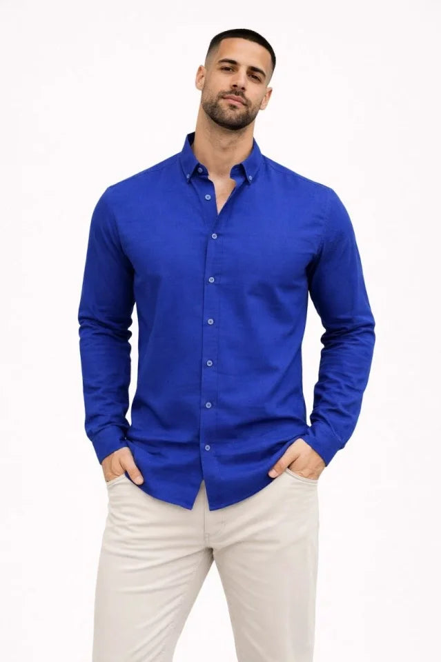 Men's Linen Fabric Oversize Long Sleeve Relaxed Fit Shirt - Saks Blue