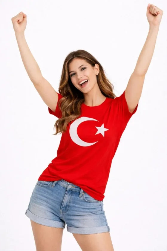 T-Shirt Short Sleeve Crew Neck Crescent Star Flag Printed T-Shirt - Red