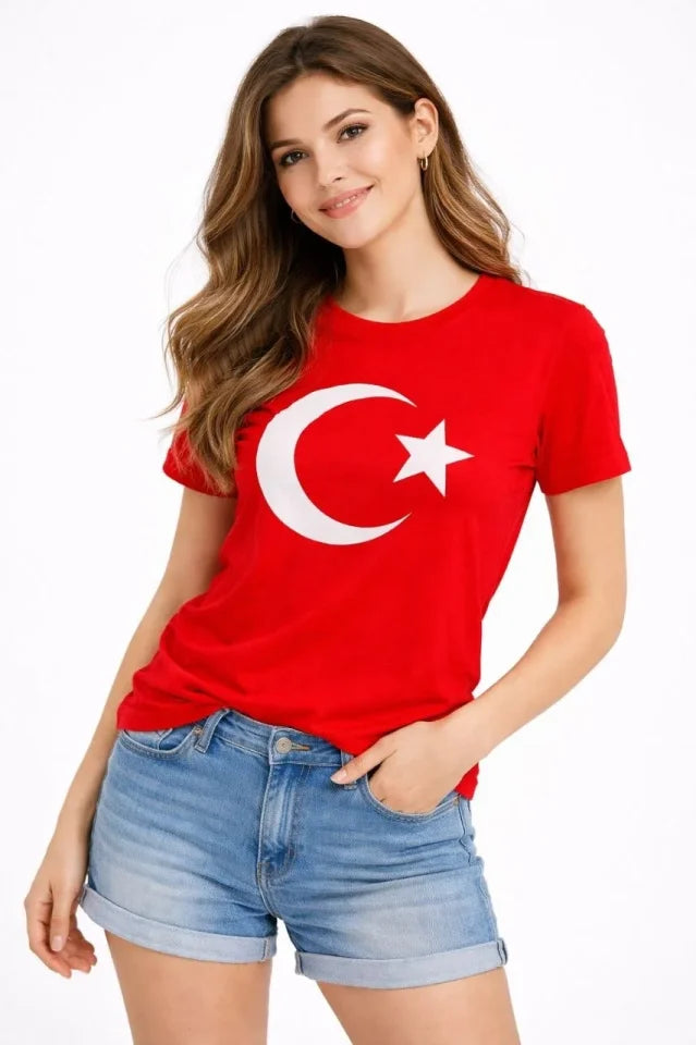 T-Shirt Short Sleeve Crew Neck Crescent Star Flag Printed T-Shirt - Red
