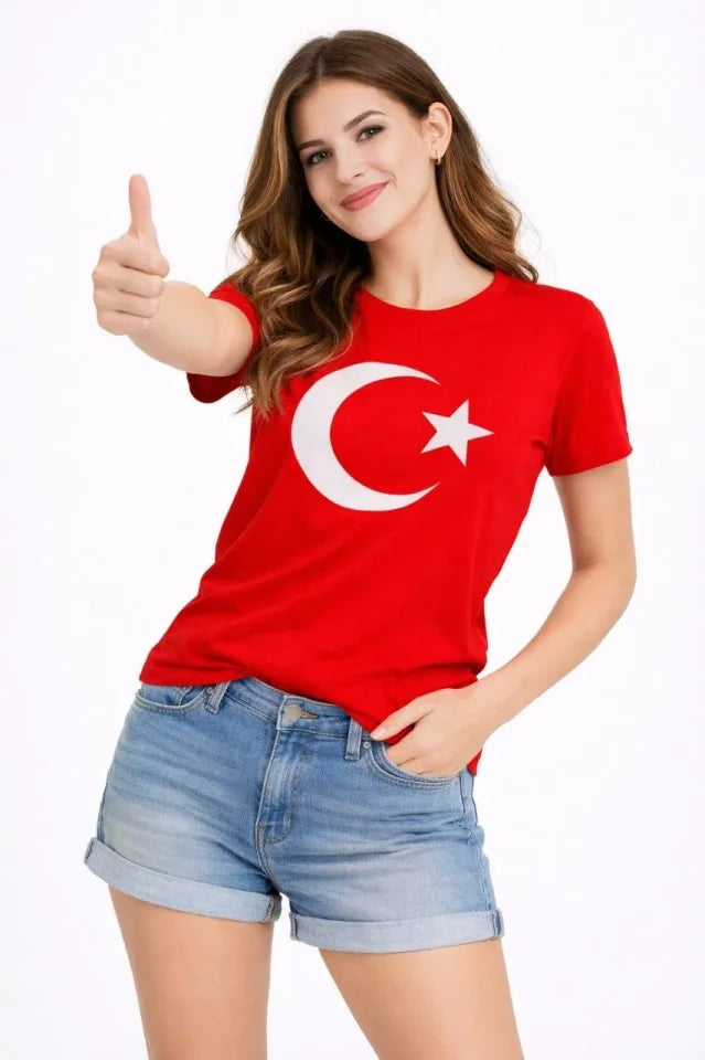 T-Shirt Kısa Kol Bisiklet Yaka Ay Yıldız Bayrak Baskılı Tişört - Kırmızı