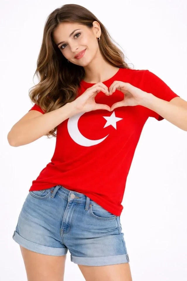 T-Shirt Kısa Kol Bisiklet Yaka Ay Yıldız Bayrak Baskılı Tişört - Kırmızı