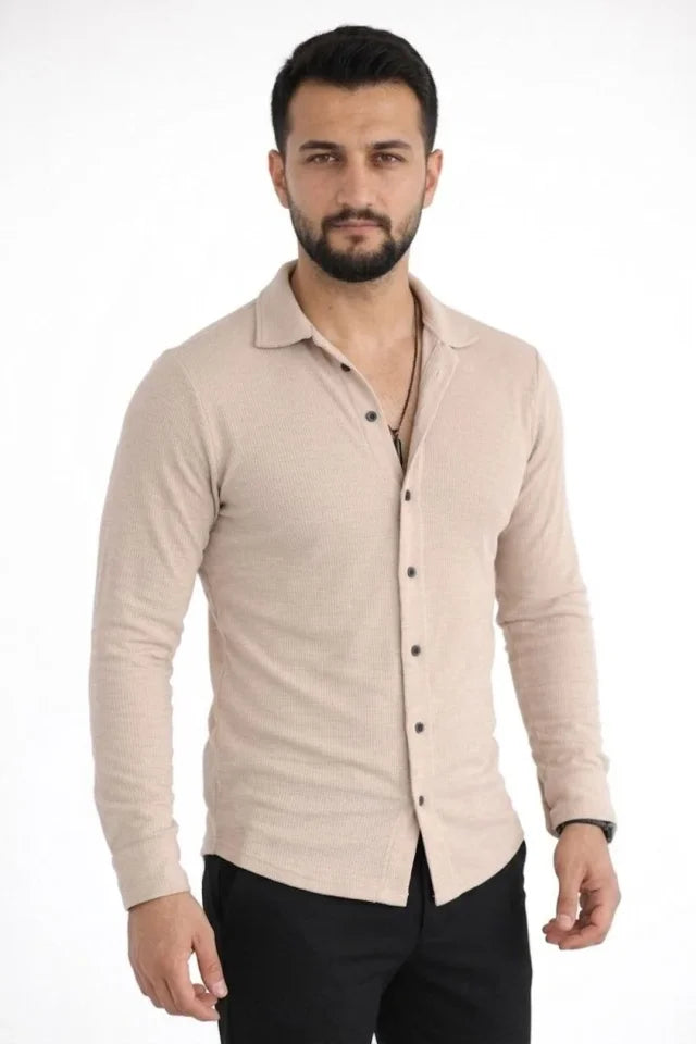 Men's Waffle Fabric Long Sleeve Buttoned Open Collar Regular Fit Shirt - Beige