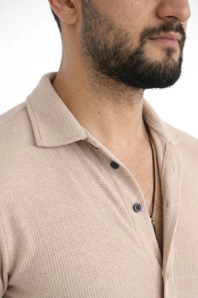 Men's Waffle Fabric Long Sleeve Buttoned Open Collar Regular Fit Shirt - Beige
