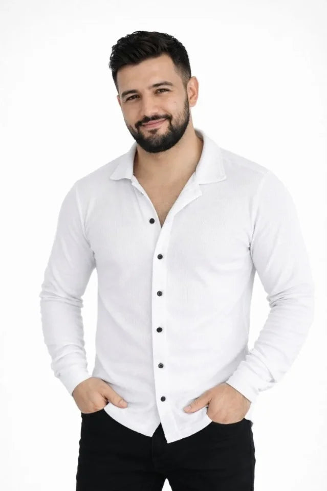 Erkek Waffle Kumaş Uzun Kollu Düğmeli Açık Yaka Regular Fit Gömlek - Beyaz