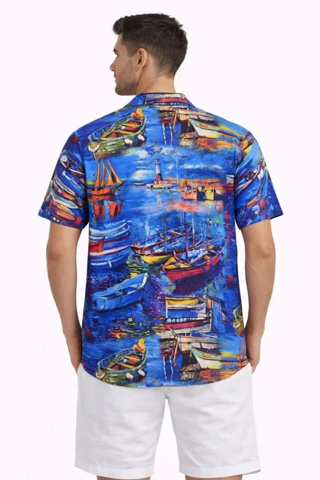 Men's Marine Pattern Short Sleeve Shirt Summer Casual Fit Digital Printed - Patterned