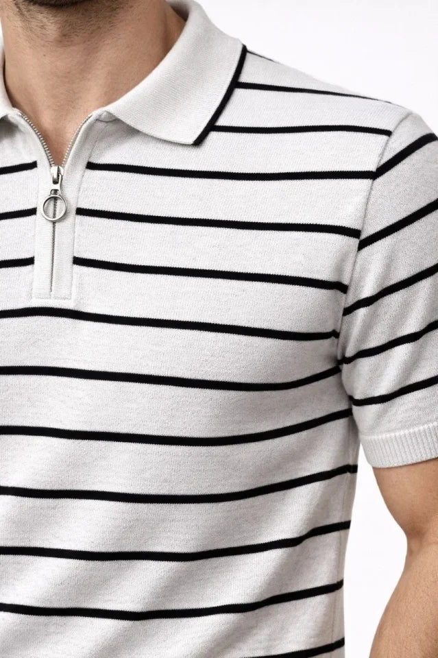 Men's Knit Polo Collar Zippered Striped T-Shirt Summer Elegant - White