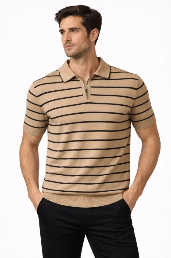 Men's Knit Polo Collar Zippered Striped T-Shirt Summer Elegant - Brown