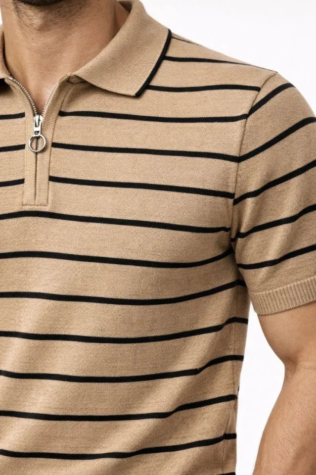 Men's Knit Polo Collar Zippered Striped T-Shirt Summer Elegant - Brown