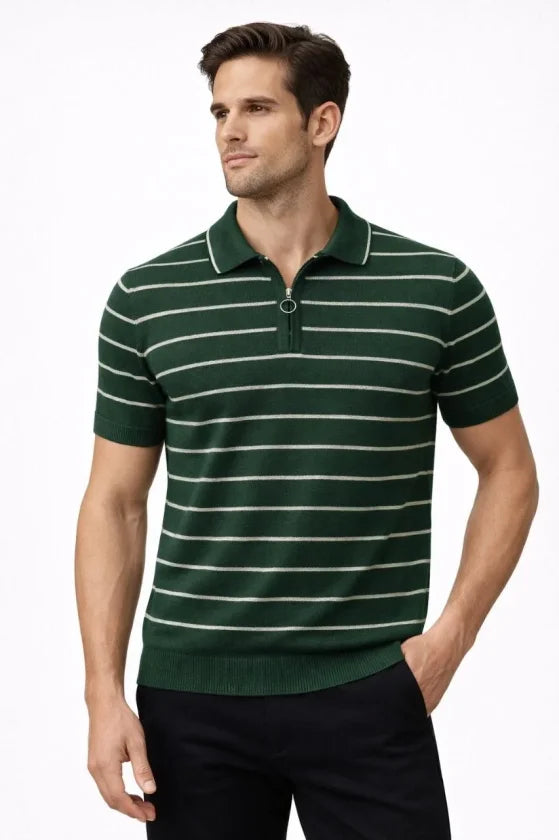 Men's Knit Polo Collar Zippered Striped T-Shirt Summer Elegant - Green