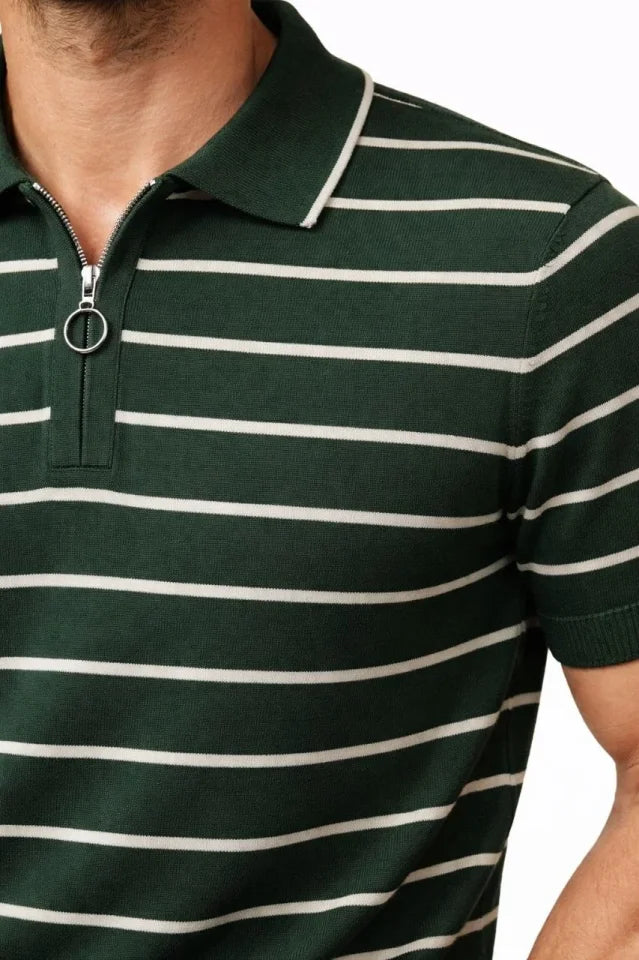 Men's Knit Polo Collar Zippered Striped T-Shirt Summer Elegant - Green