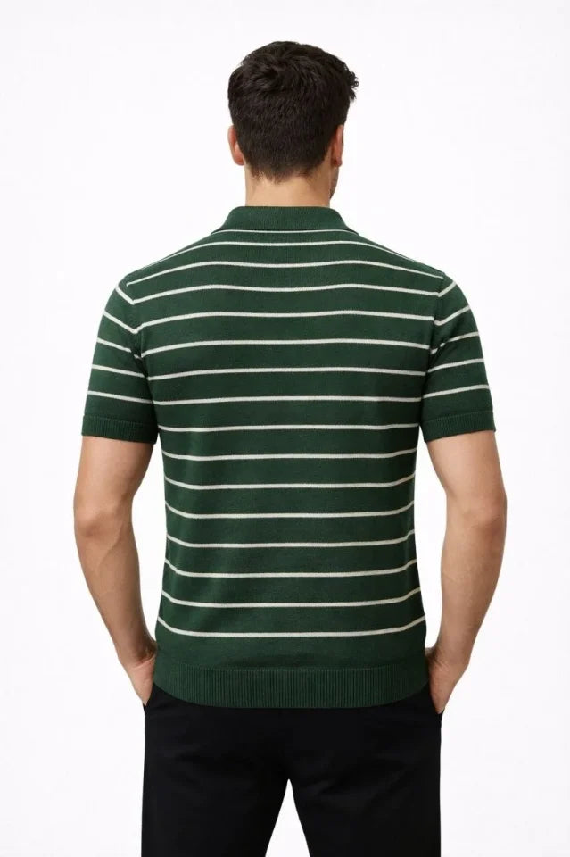 Erkek Triko Polo Yaka Fermuarlı Çizgili Tişört T-Shirt Yazlık Şık - Yeşil