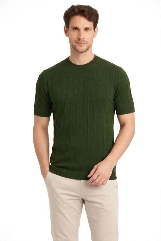 Men's Summer Ribbed Knit Short Sleeve Crew Neck T-Shirt - Khaki