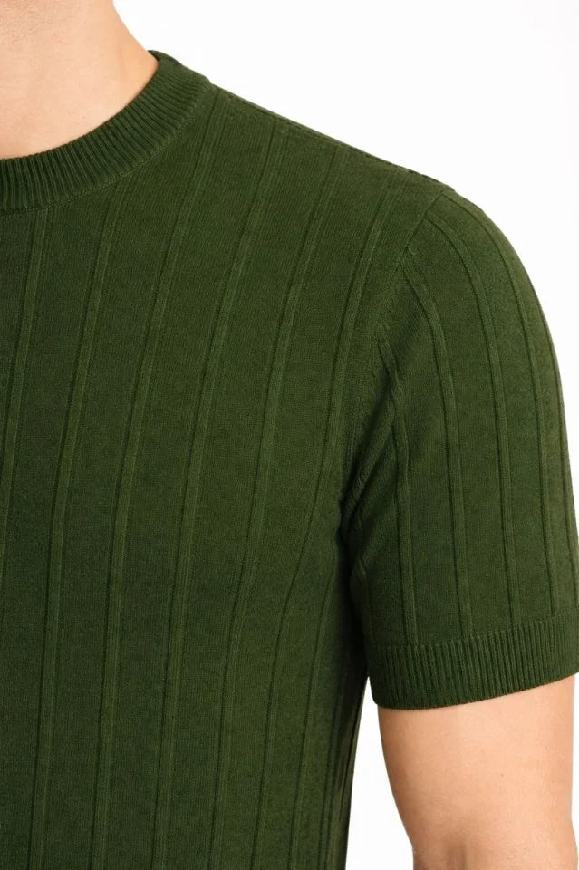 Men's Summer Ribbed Knit Short Sleeve Crew Neck T-Shirt - Khaki