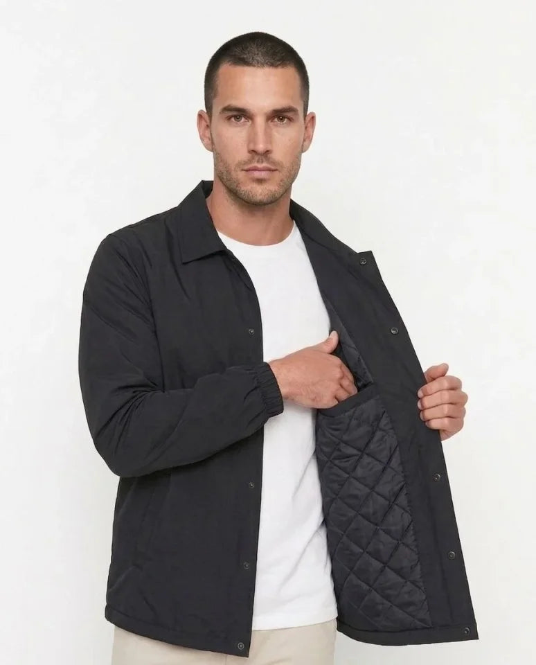 Erkek Yağmur İtici İç Astarlı Çıtçıtlı İç Cepli Dış Cepli Mevsimlik Mont - Siyah