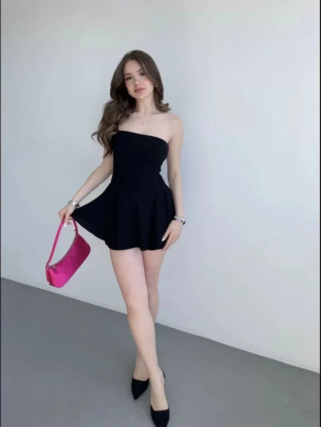 Strapless Mini Skirt-Look Shorts Dress Ruched Stylish Summer Dress - Black