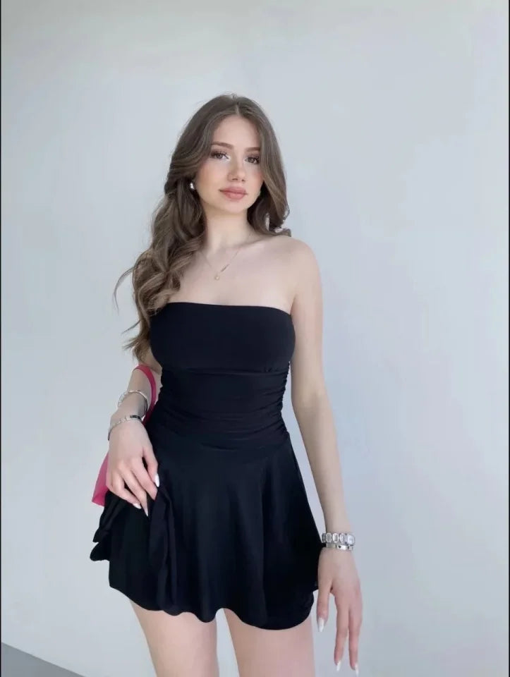 Strapless Mini Skirt-Look Shorts Dress Ruched Stylish Summer Dress - Black