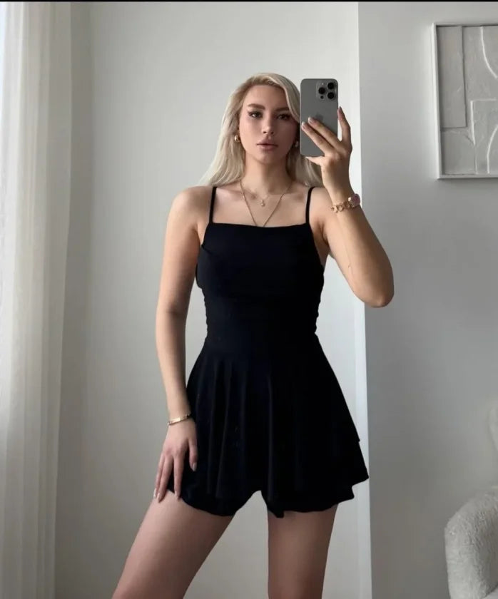 Strapless Mini Skirt-Look Shorts Dress Ruched Stylish Summer Dress - Black
