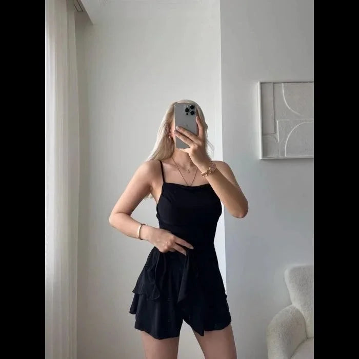 Strapless Mini Skirt-Look Shorts Dress Ruched Stylish Summer Dress - Black