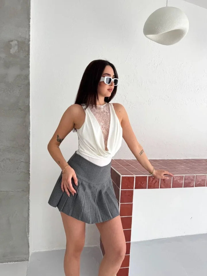 Lace Detailed Deep Neckline Bodysuit Stylish Sleeveless Summer Bodysuit - White