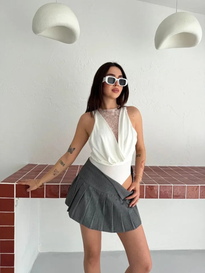 Lace Detailed Deep Neckline Bodysuit Stylish Sleeveless Summer Bodysuit - White