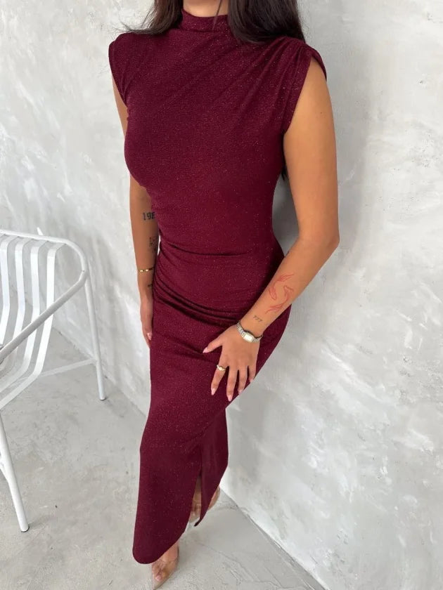 Stretchy Glitter Fabric Side Slit Long Dress Stylish Sleeveless Evening Dress - Burgundy