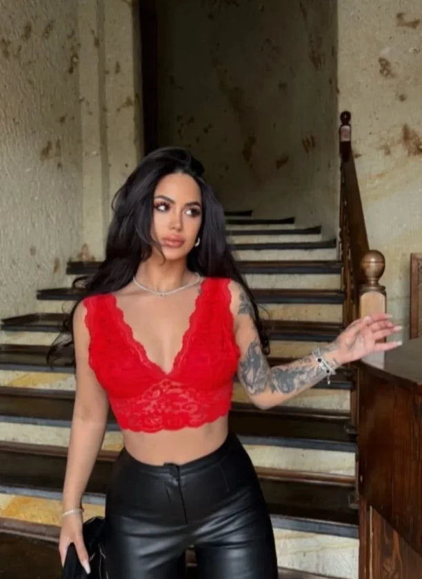 Lace Bralette Crop Bra V Neck Strappy Stylish Stretchy Comfortable - Red