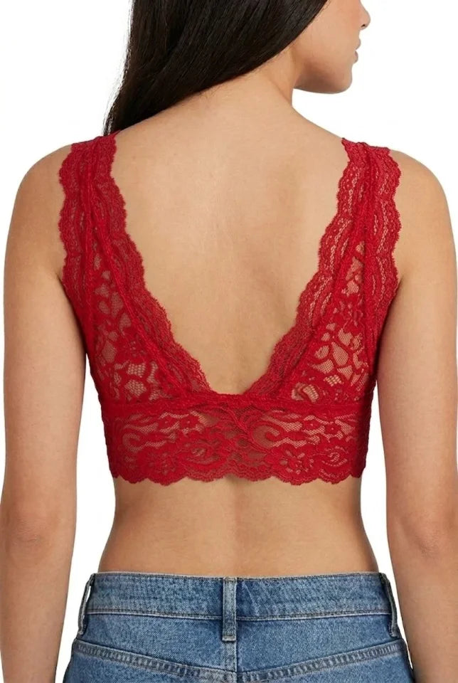 Lace Bralette Crop Bra V Neck Strappy Stylish Stretchy Comfortable - Red