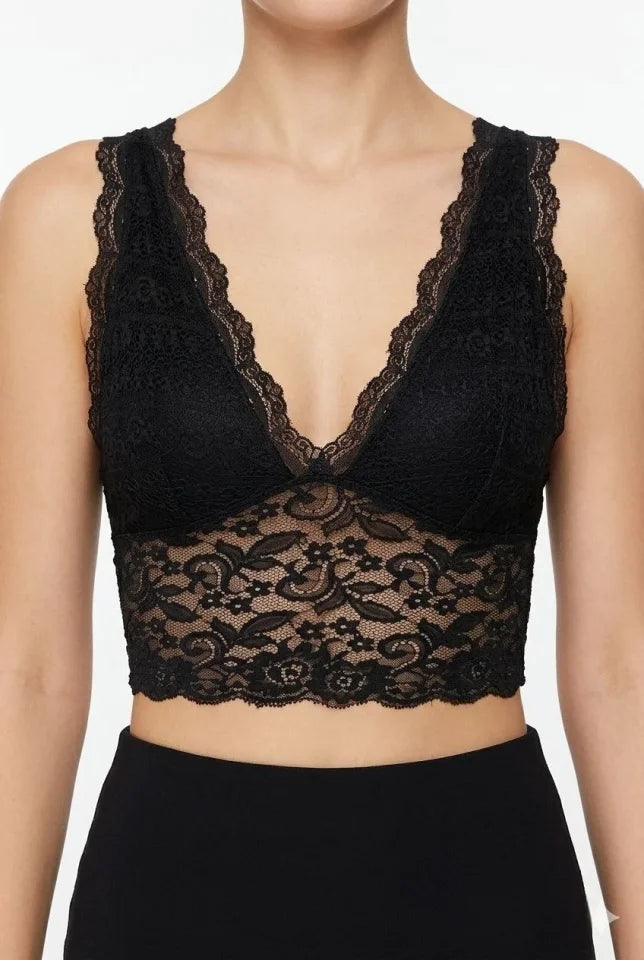 Dantel Bralet Crop Sütyen V Yaka Askılı Şık Esnek Rahat - Siyah