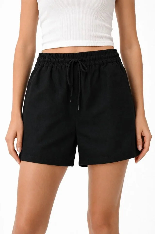 Linen Fabric Pocket Relaxed Fit Elastic Waist Shorts - Black