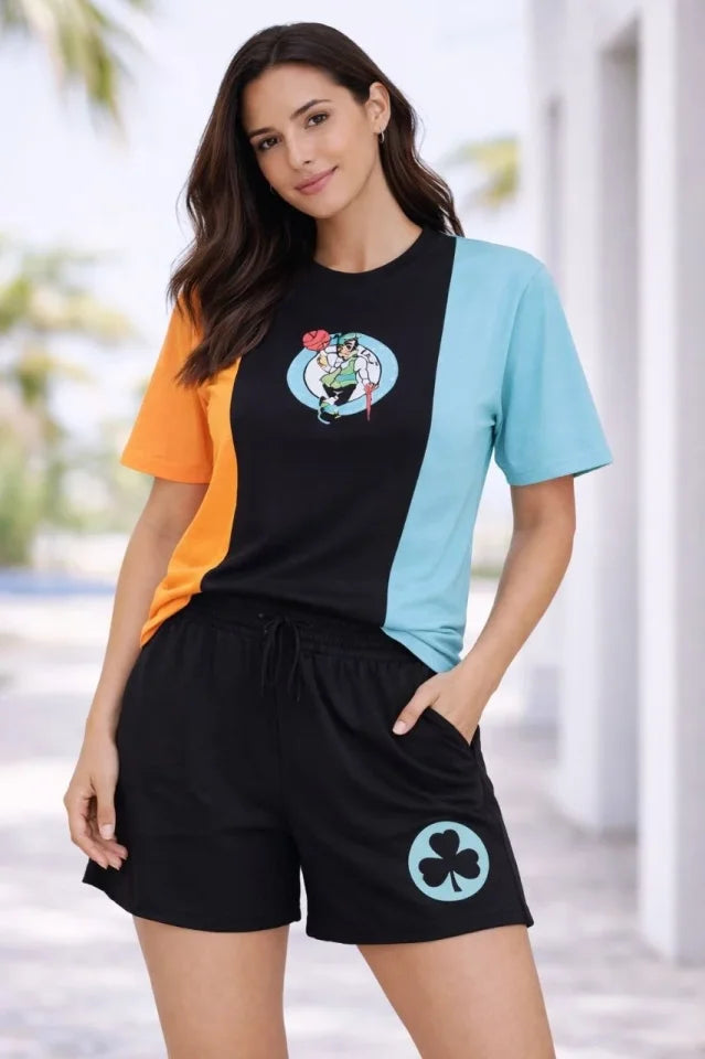 Embroidered T-Shirt and Shorts Two-Piece Oversize Summer Set - Multicolor
