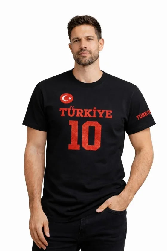 Men's TURKEY Crescent Star Printed Number 10 Jersey Fan T-Shirt - Black