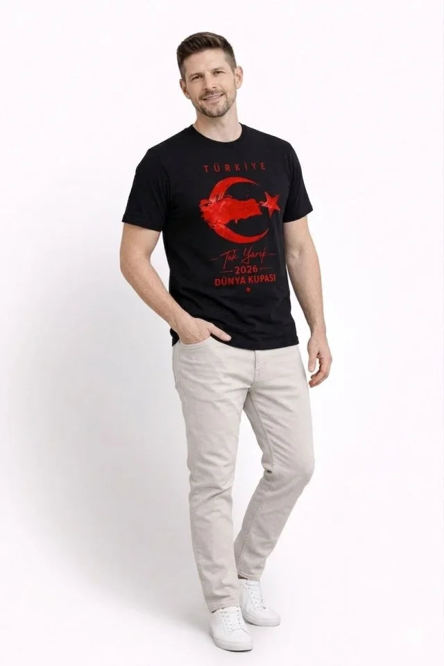 Men's TURKEY Crescent Star Printed Fan Jersey T-Shirt - Black