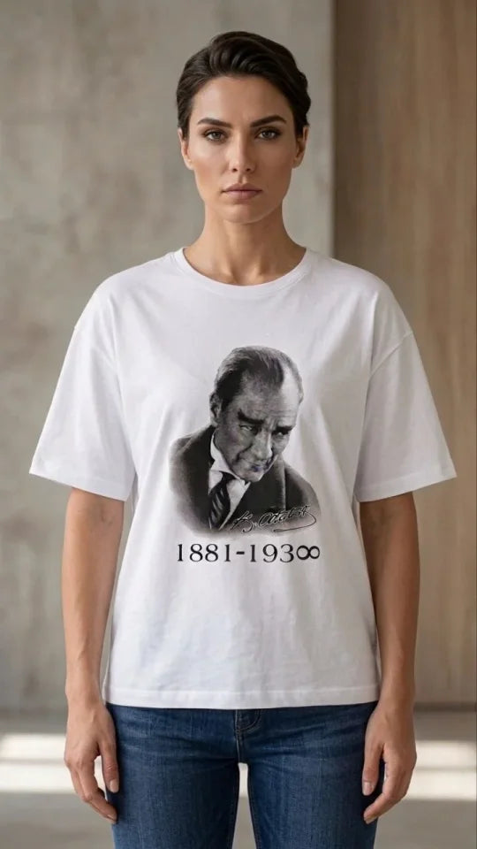 Atatürk Baskılı Tişört Kısa Kollu Bisiklet Yaka T-Shirt - Beyaz