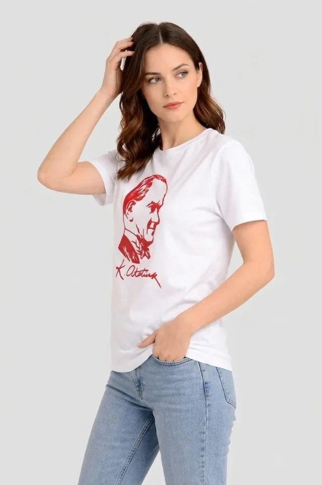 Atatürk Baskılı Tişört Kısa Kollu Bisiklet Yaka T-Shirt - Beyaz