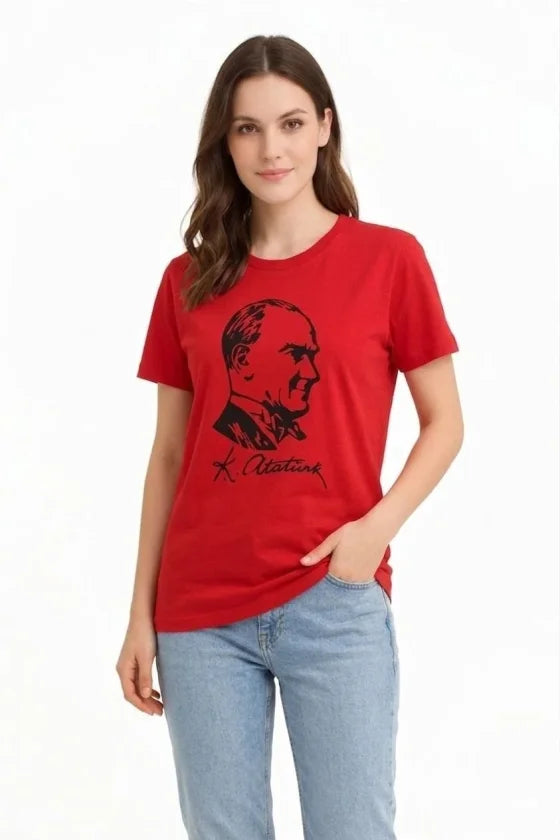 Atatürk Baskılı Tişört Kısa Kollu Bisiklet Yaka T-Shirt - Kırmızı