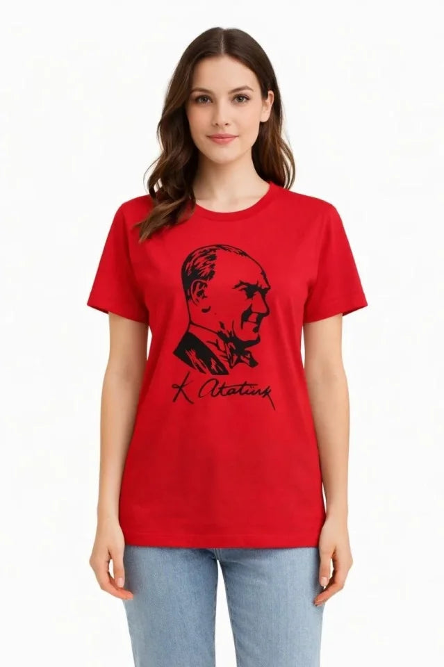 Atatürk Baskılı Tişört Kısa Kollu Bisiklet Yaka T-Shirt - Kırmızı