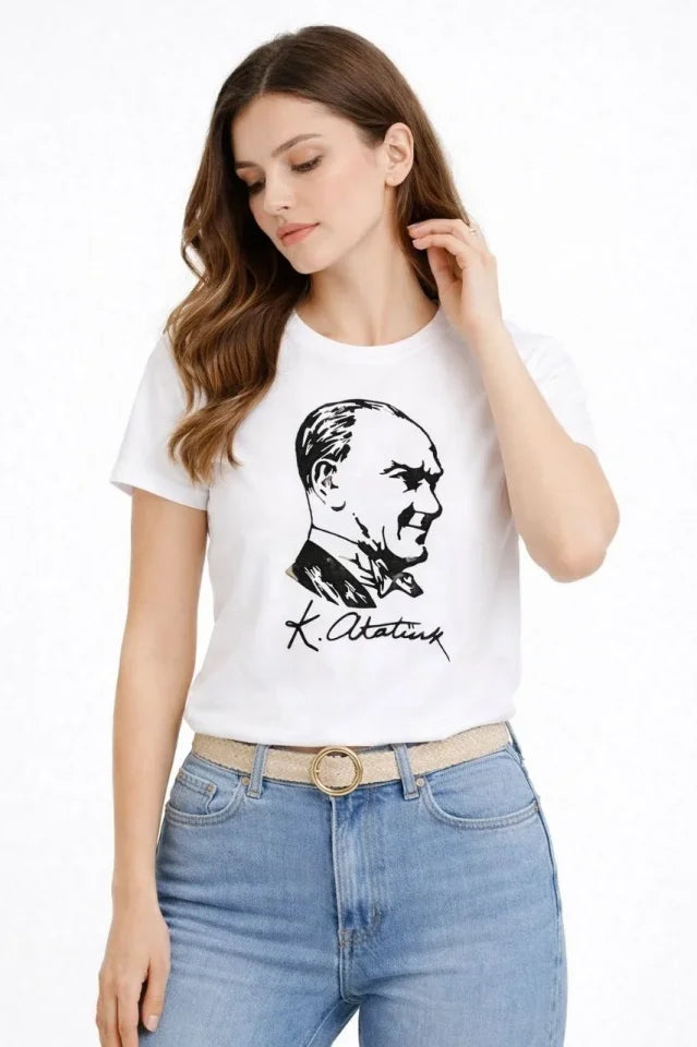 Atatürk Baskılı Tişört Kısa Kollu Bisiklet Yaka T-Shirt - Beyaz