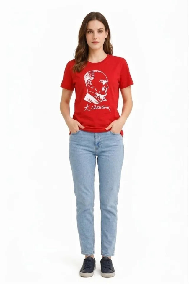 Atatürk Printed T-Shirt Short Sleeve Crew Neck T-Shirt - Red