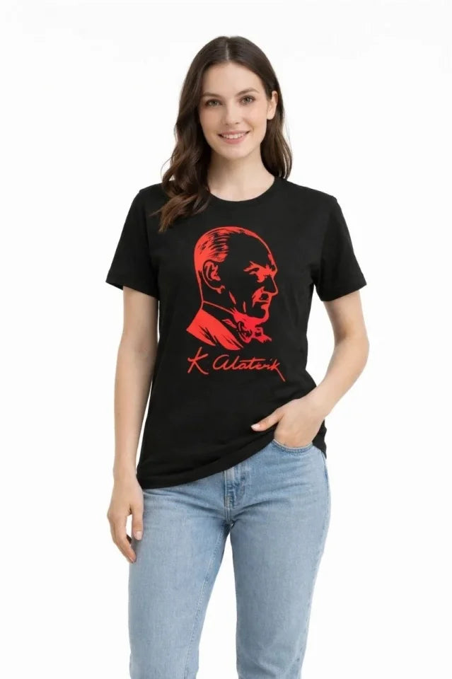 Atatürk Baskılı Tişört Kısa Kollu Bisiklet Yaka T-Shirt - Siyah