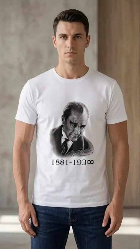 Men's Atatürk Printed T-Shirt Short Sleeve Crew Neck T-Shirt - White